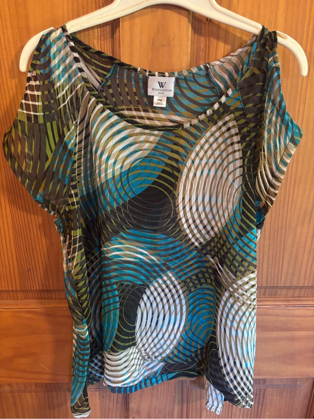 Worthington Teal, Green & Black Geometric Short Sleeve Blouse